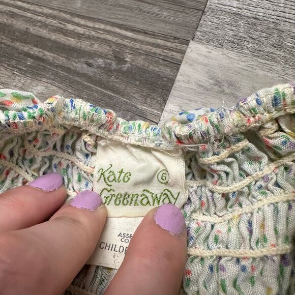 Vintage Kate Greenaway White Green Blue 6 Off-Shoulder Floral Boho Smocked Dress - Picture 4 of 9